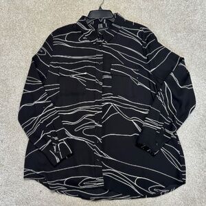 Investments Black & Taupe Modern Print Long Sleeve Roll Tab Blouse Tunic XL